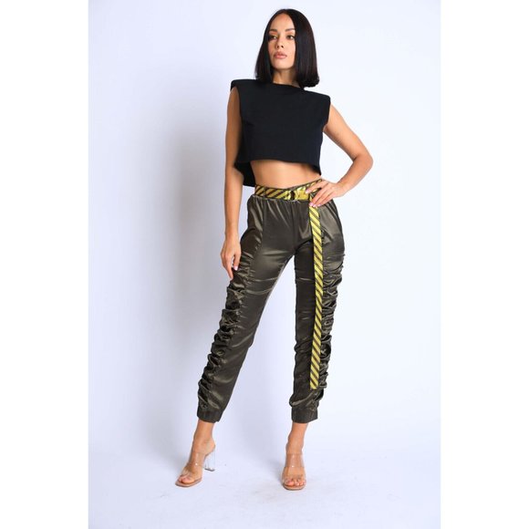 Women's Casual Satin Shirring Long Cuffed Pants With Belted Daily Outdoor Comfy - Picture 4 of 12